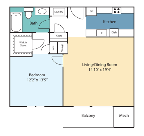 Floor plan for 1 bed, 1 bath, 806 sqft